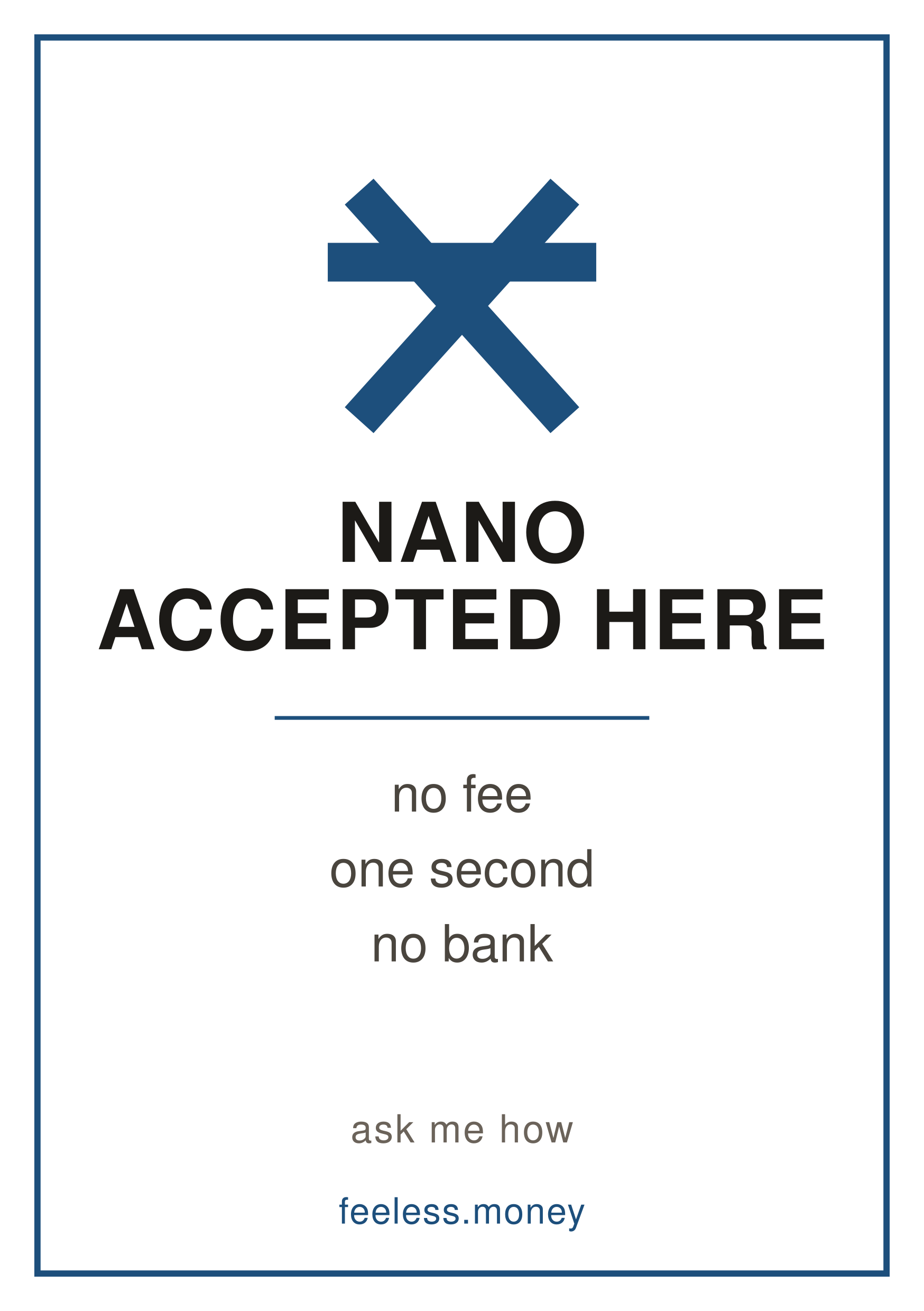Preview of the door sign: Nano accepted here, no fee, one second, no bank